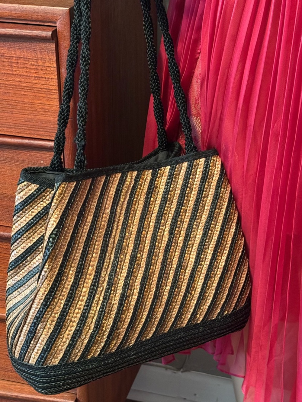 Woven Straw and Black Rope Shoulder Bag - Neutral